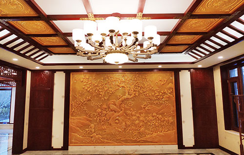 桥头镇中式别墅客厅中式木作横梁吊顶装饰展示